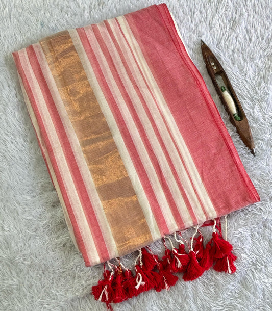 Mulmul Saree – White and Red(Code MMC-01)