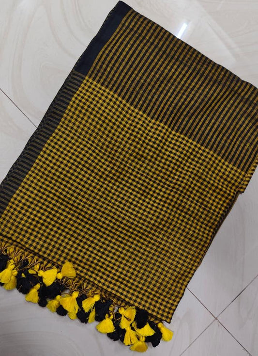 Checks Mul Saree – Yellow and Black(Code CXMM-02)