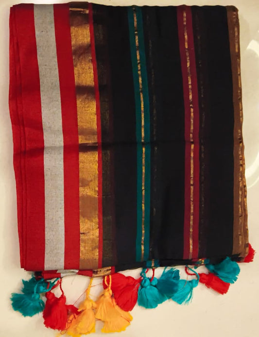 Cotton Saree – Black Multi-Color Stripe(Code MMC-03)