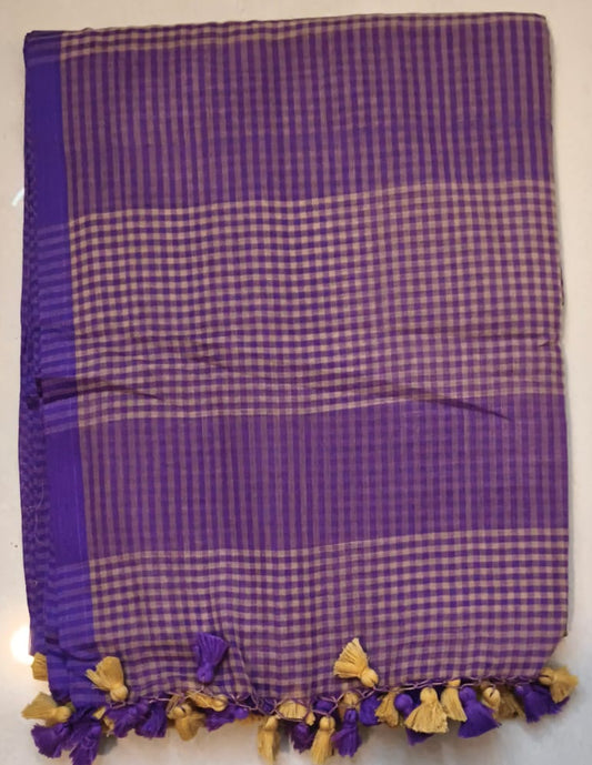 Checks Mul Saree – Lavender and Yellow (Code CXMM-03)