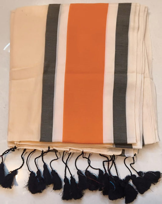 Mulmul Saree – Orange and Peach with Black Lines(Code MMC-04)