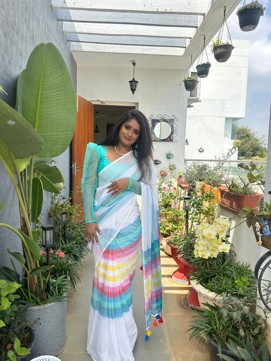 Mulmul Rainbow Saree – White(Code MMR-01)