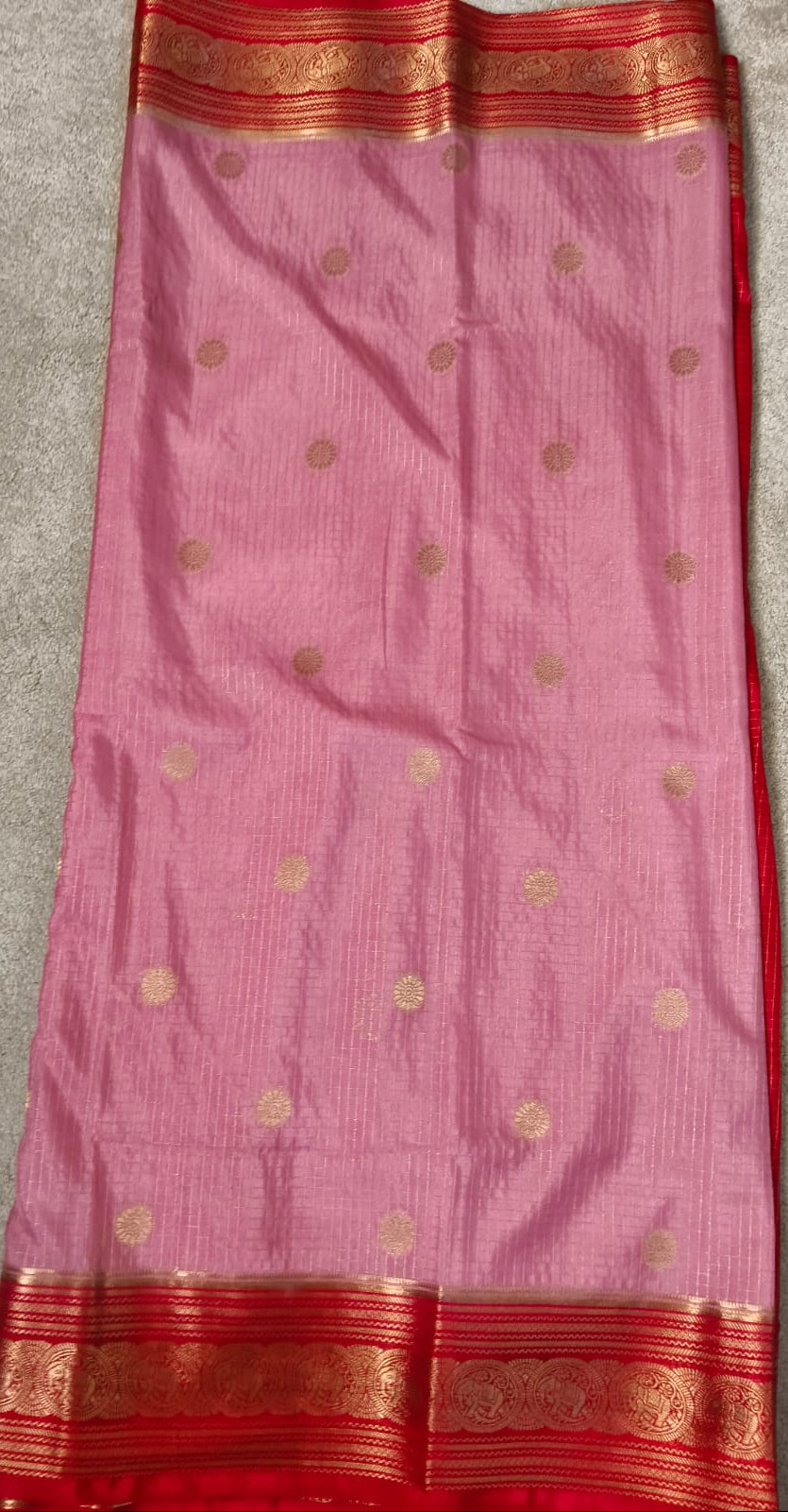 Premium Semi Silk Saree – Baby Pink with Red Elephant Zari Border(Code SS-16)