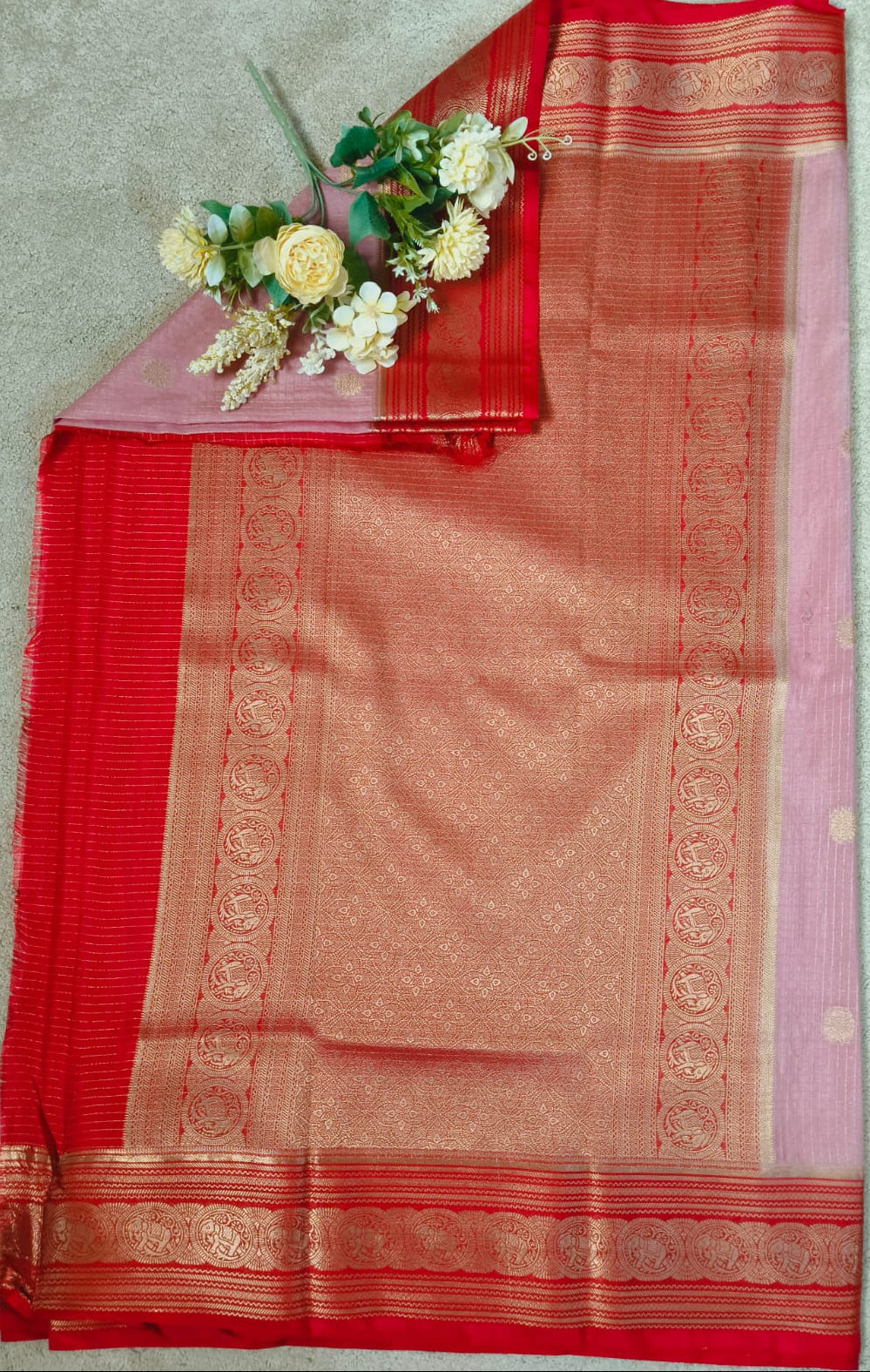 Premium Semi Silk Saree – Baby Pink with Red Elephant Zari Border(Code SS-16)
