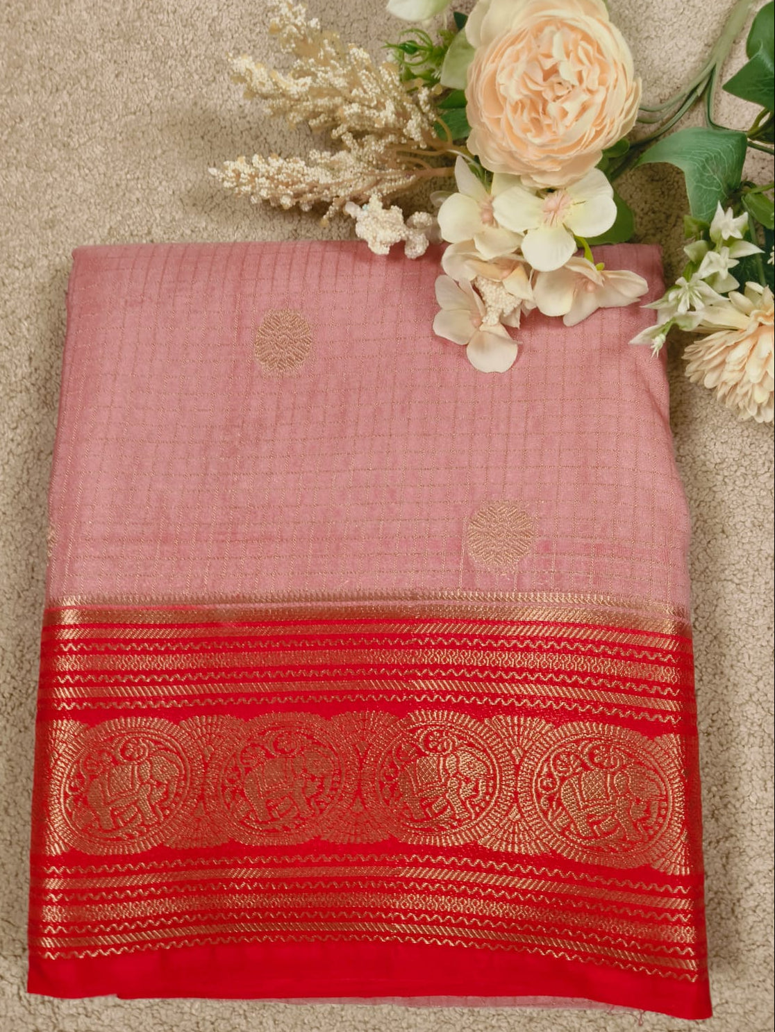 Premium Semi Silk Saree – Baby Pink with Red Elephant Zari Border(Code SS-16)