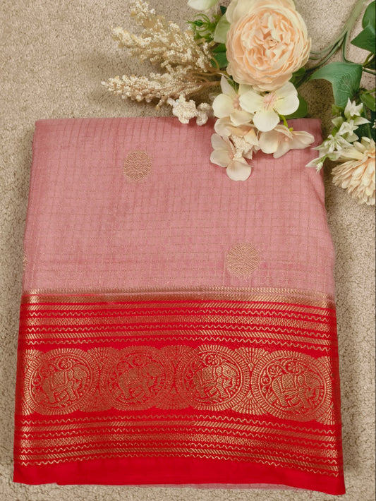 Premium Semi Silk Saree – Baby Pink with Red Elephant Zari Border(Code SS-16)