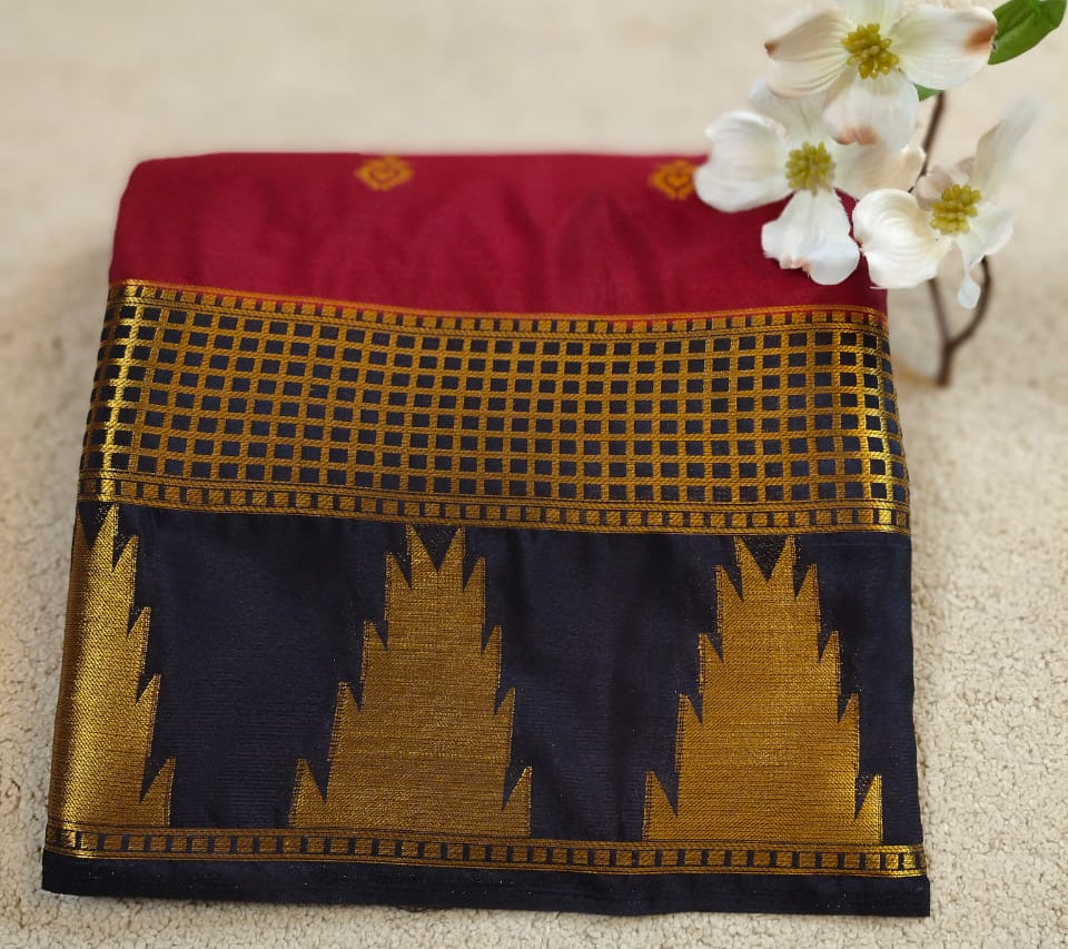 Maroon Semi Silk Saree with Black Temple Zari Border and Butta Design(SS-19)