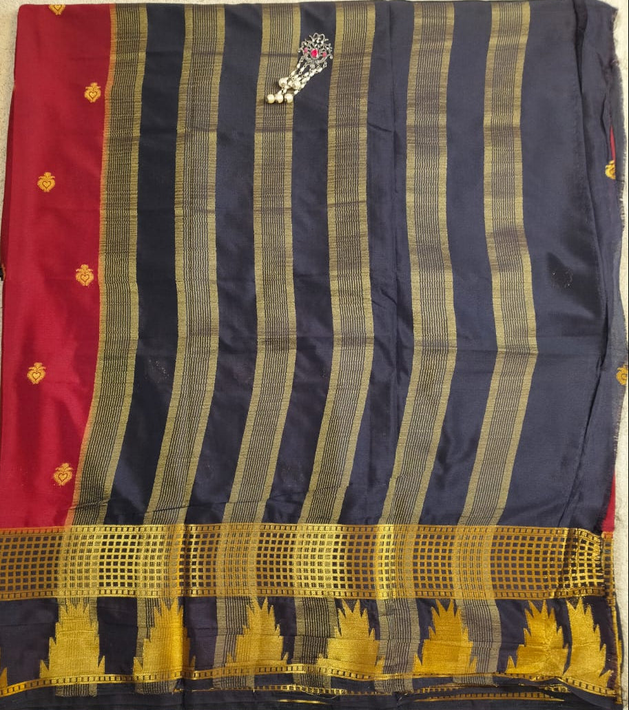 Maroon Semi Silk Saree with Black Temple Zari Border and Butta Design(SS-19)