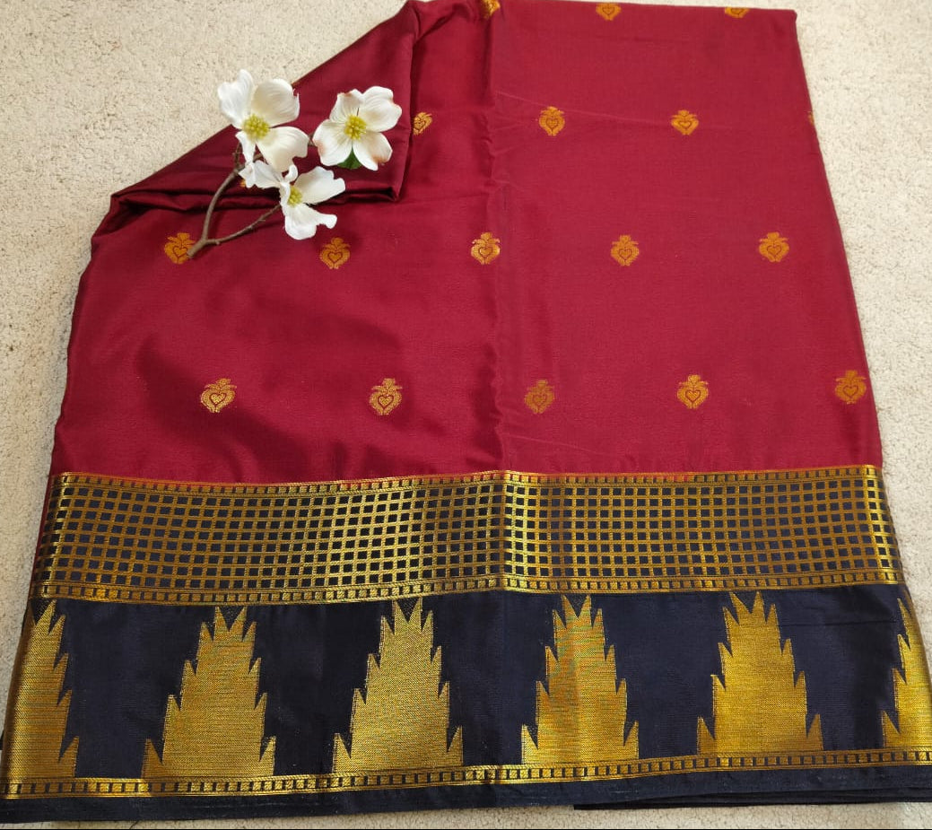 Maroon Semi Silk Saree with Black Temple Zari Border and Butta Design(SS-19)