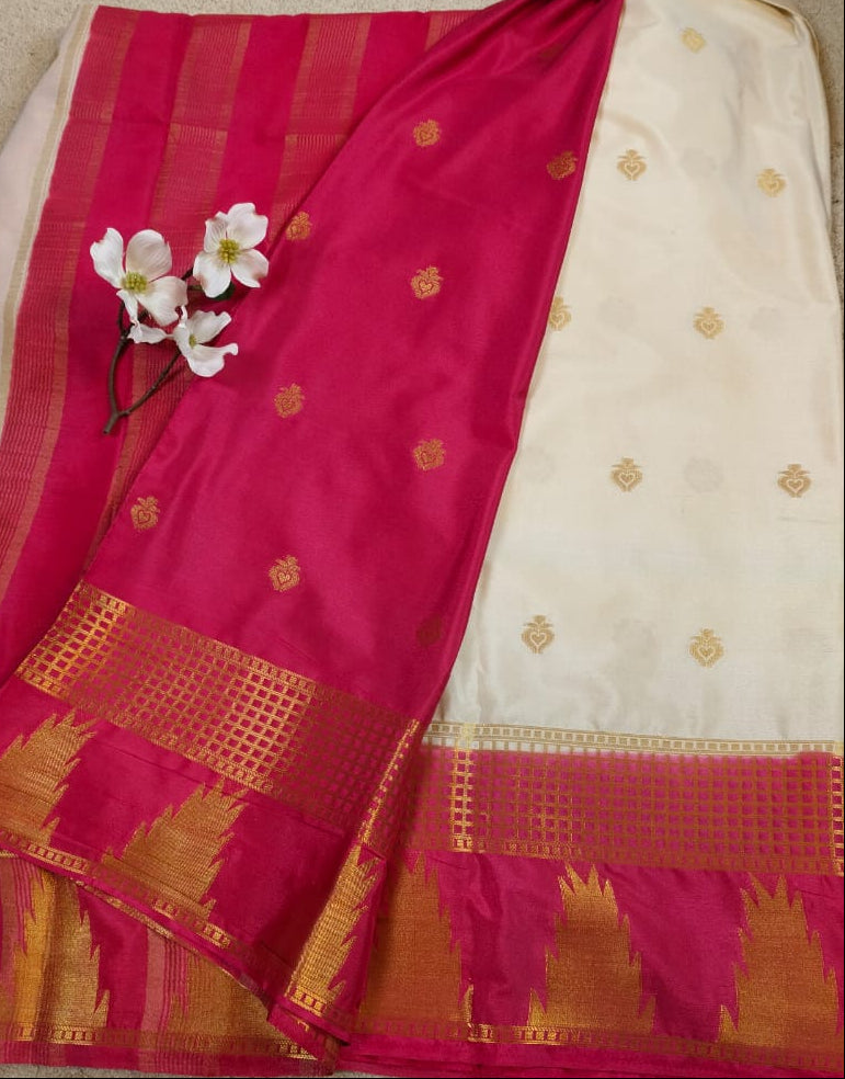 White Semi Silk Saree with Pink Temple Zari Border and Butta Design(Code SS-20)