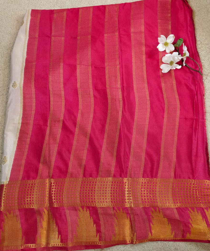 White Semi Silk Saree with Pink Temple Zari Border and Butta Design(Code SS-20)