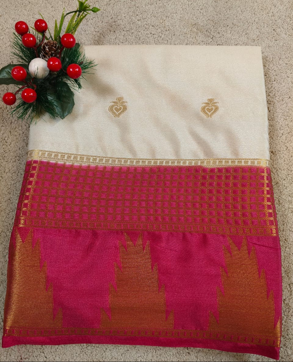 White Semi Silk Saree with Pink Temple Zari Border and Butta Design(Code SS-20)