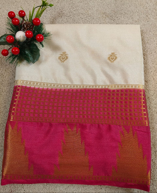 White Semi Silk Saree with Pink Temple Zari Border and Butta Design(Code SS-20)