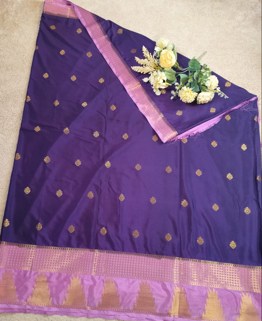 Dark Blue Semi Silk Saree with Lavender Temple Zari Border(Code SS-18)