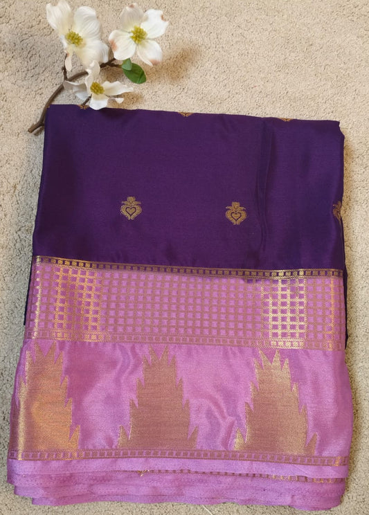 Dark Blue Semi Silk Saree with Lavender Temple Zari Border(Code SS-18)