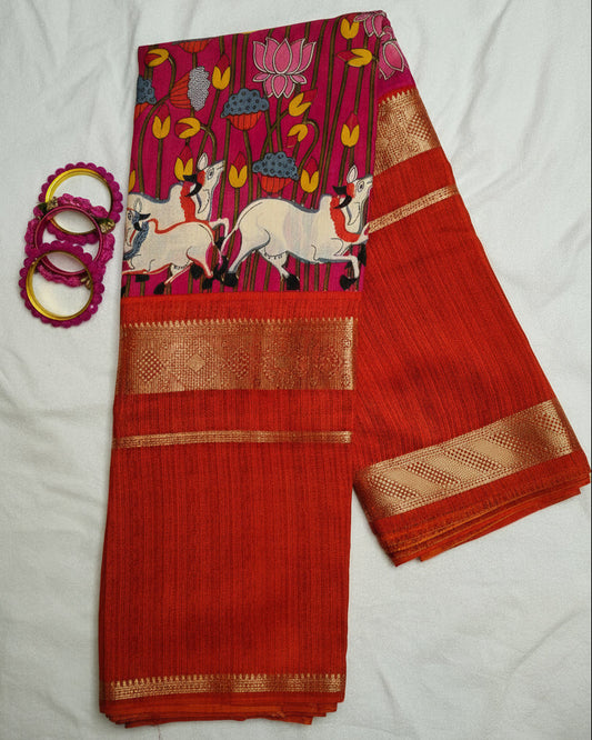 Pichwai Rust Orange Crepe Silk Saree (CCSS-02)