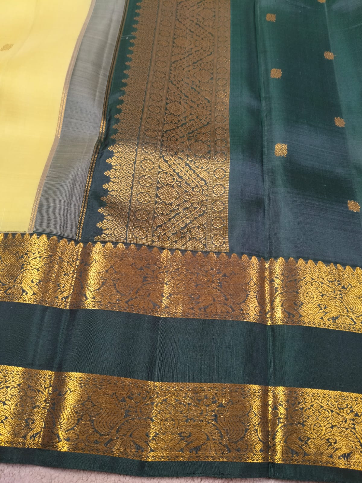 Lemon Yellow Pure Silk Saree with Dark Green Peacock Zari Border(Code PSS-36)