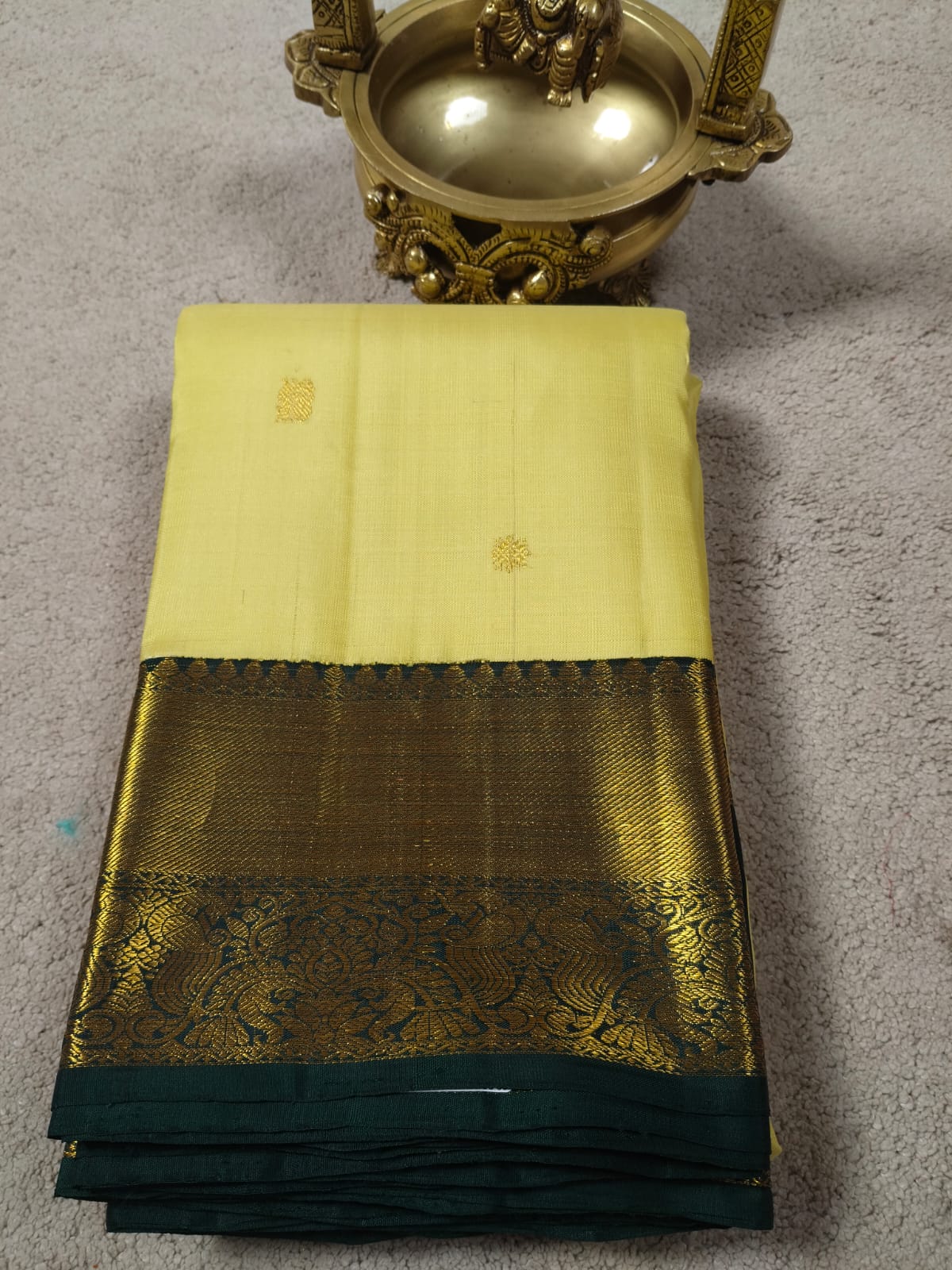 Lemon Yellow Pure Silk Saree with Dark Green Peacock Zari Border(Code PSS-36)