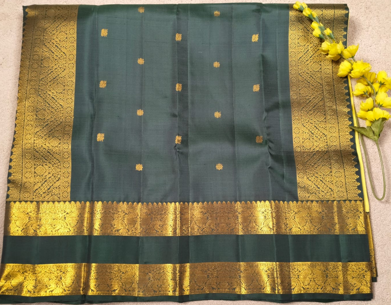 Lemon Yellow Pure Silk Saree with Dark Green Peacock Zari Border(Code PSS-36)