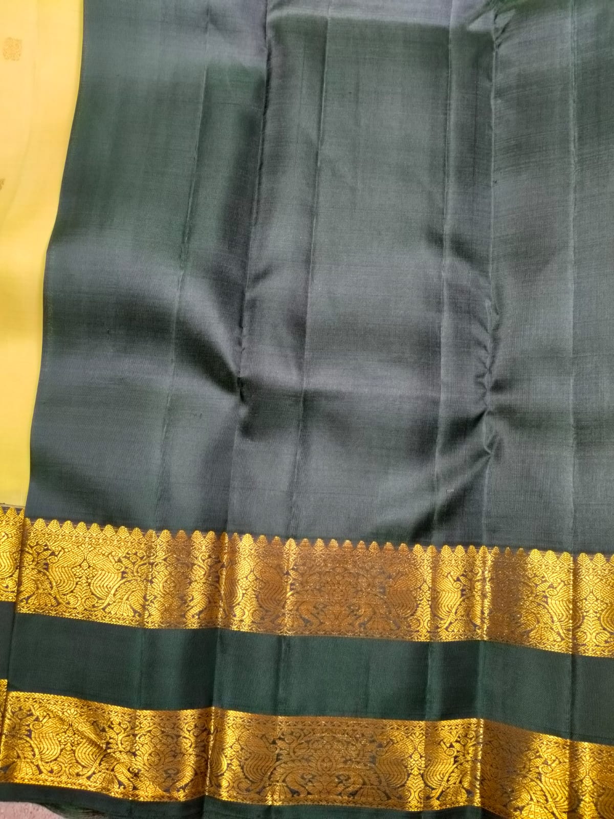 Lemon Yellow Pure Silk Saree with Dark Green Peacock Zari Border(Code PSS-36)