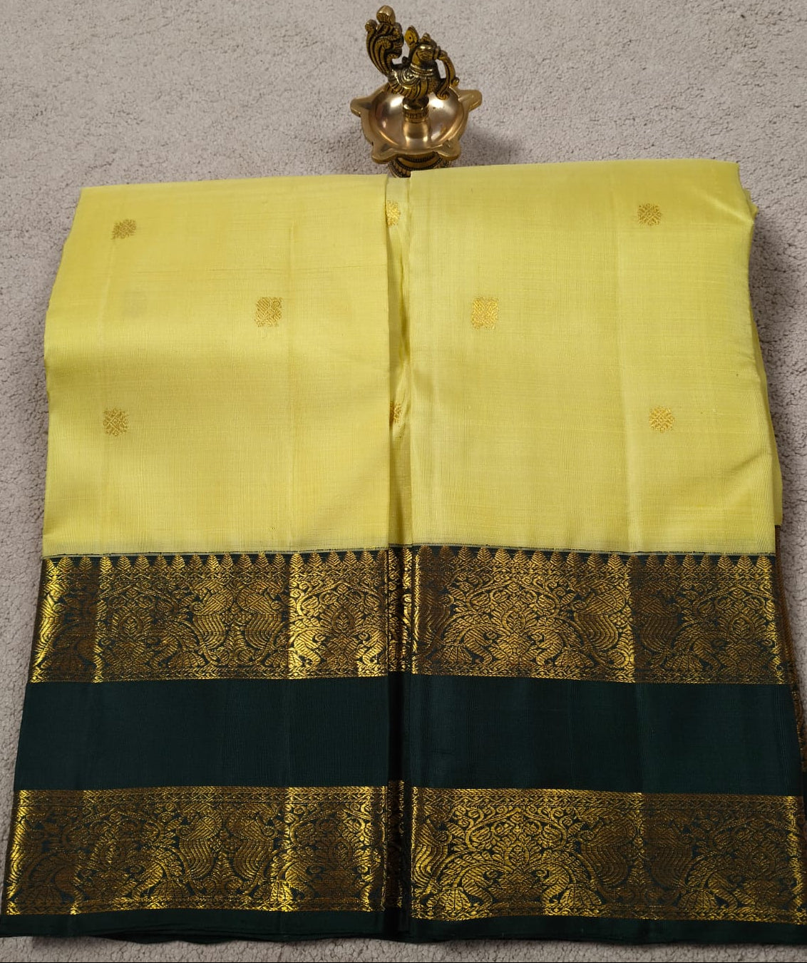 Lemon Yellow Pure Silk Saree with Dark Green Peacock Zari Border(Code PSS-36)