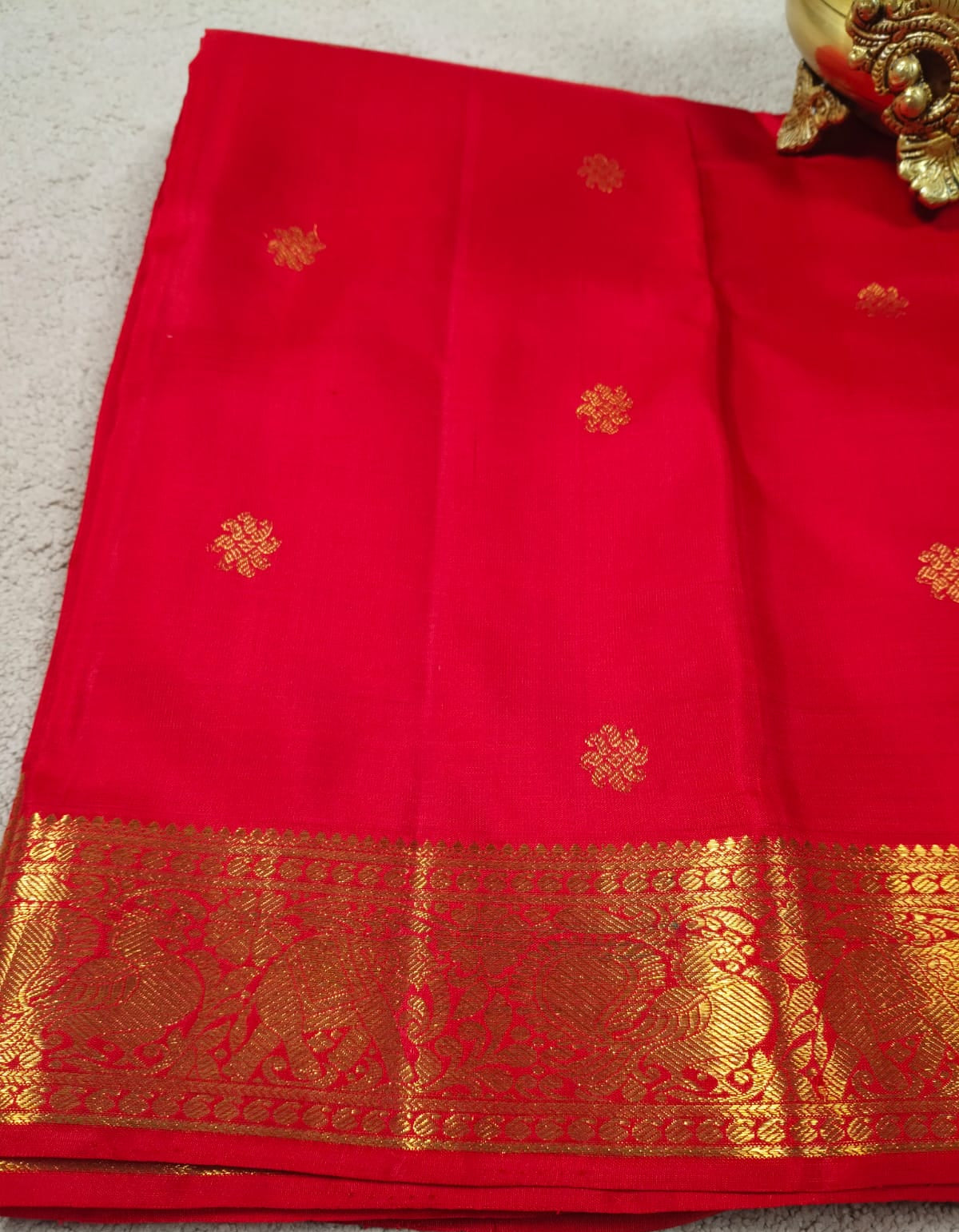 Royal Red Pure Silk Saree with Peacock & Elephant Zari Border(Code PSS-32)