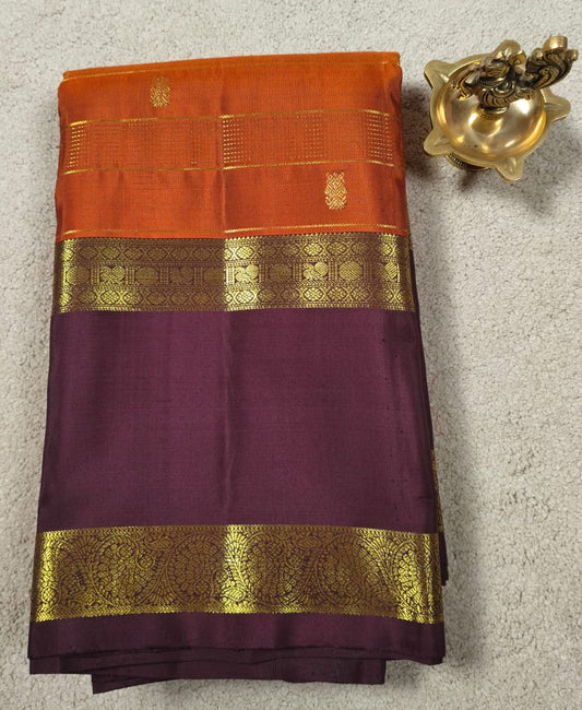 Rush Orange Pure Silk Saree Maroon & Floral Zari Border with Gandaberunda Pallu (Code PSS-12)
