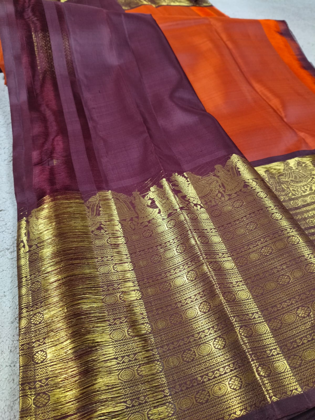 Turning Border Pure Silk Saree – Rush Orange with Maroon Pallakki Border(Code PSS-01)