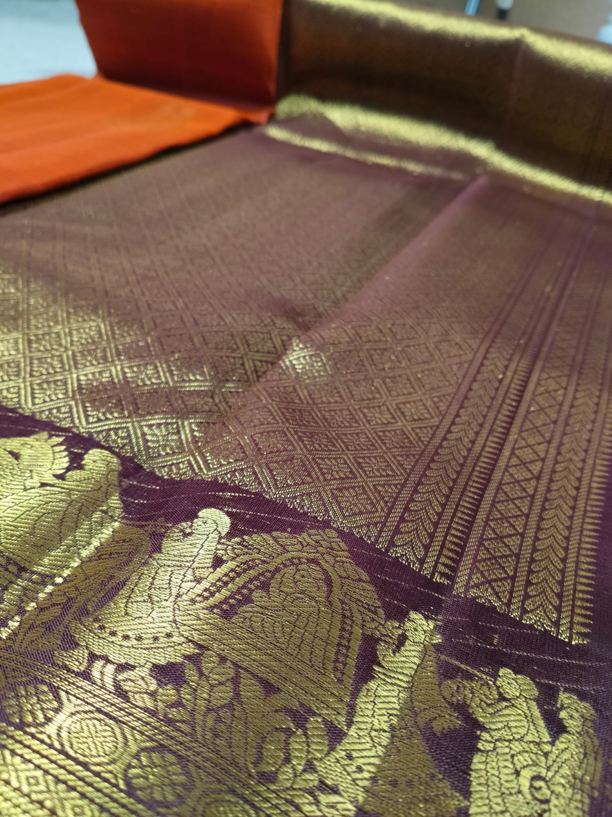 Turning Border Pure Silk Saree – Rush Orange with Maroon Pallakki Border(Code PSS-01)