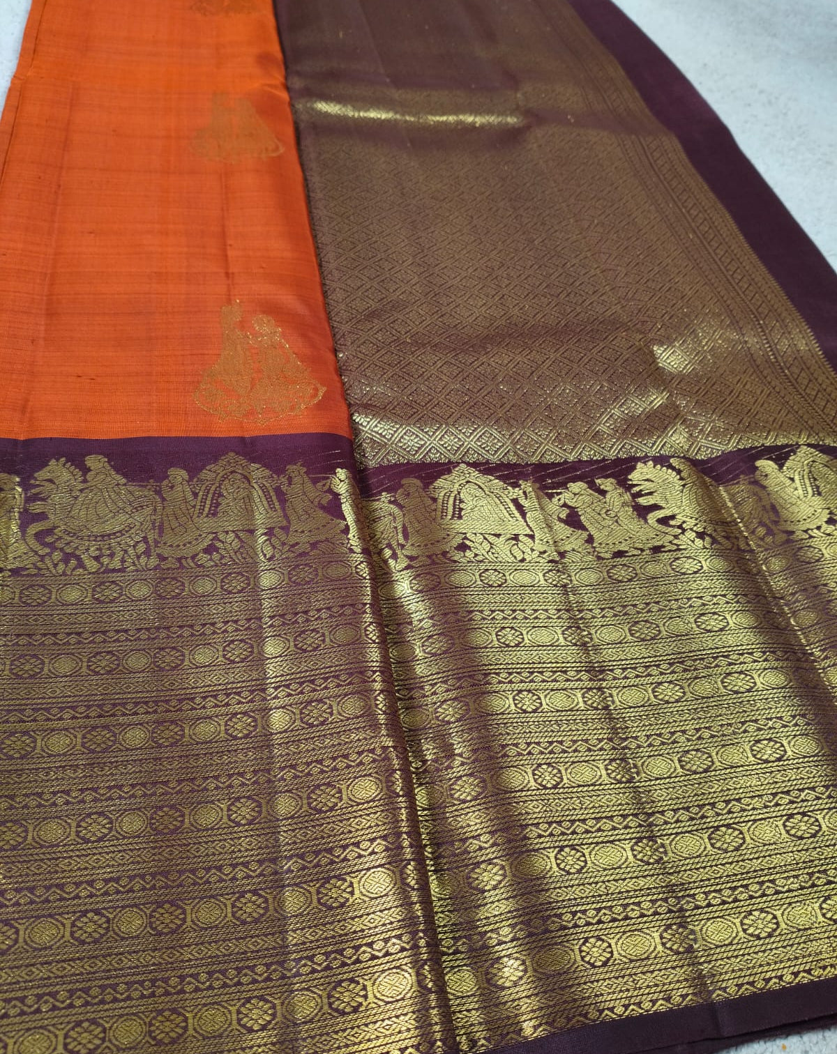 Turning Border Pure Silk Saree – Rush Orange with Maroon Pallakki Border(Code PSS-01)