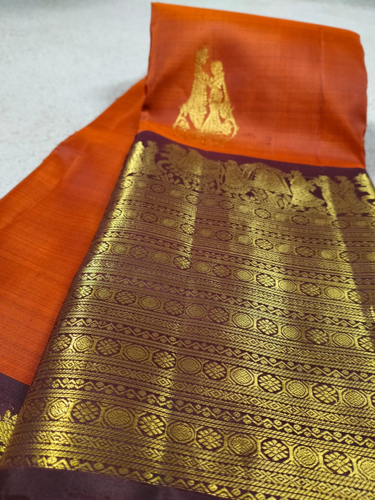 Turning Border Pure Silk Saree – Rush Orange with Maroon Pallakki Border(Code PSS-01)