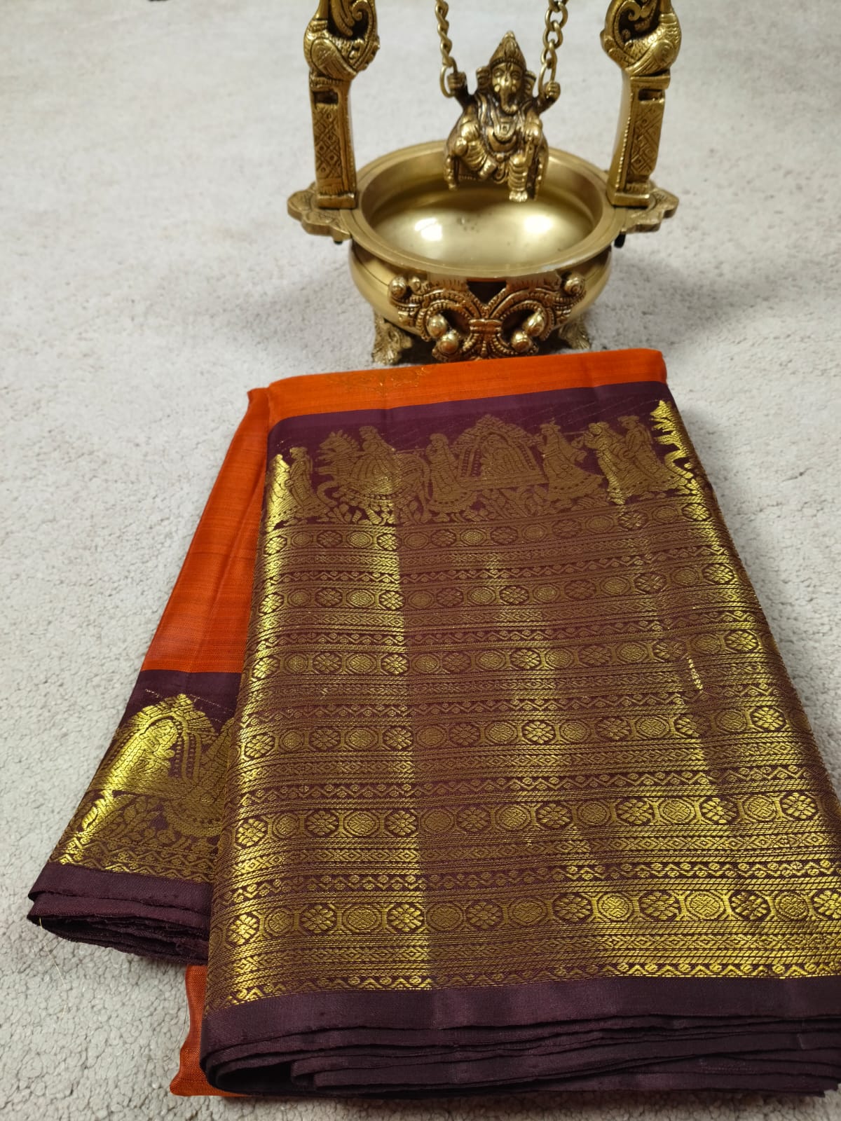 Turning Border Pure Silk Saree – Rush Orange with Maroon Pallakki Border(Code PSS-01)