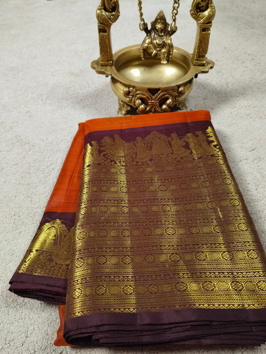 Turning Border Pure Silk Saree – Rush Orange with Maroon Pallakki Border(Code PSS-01)