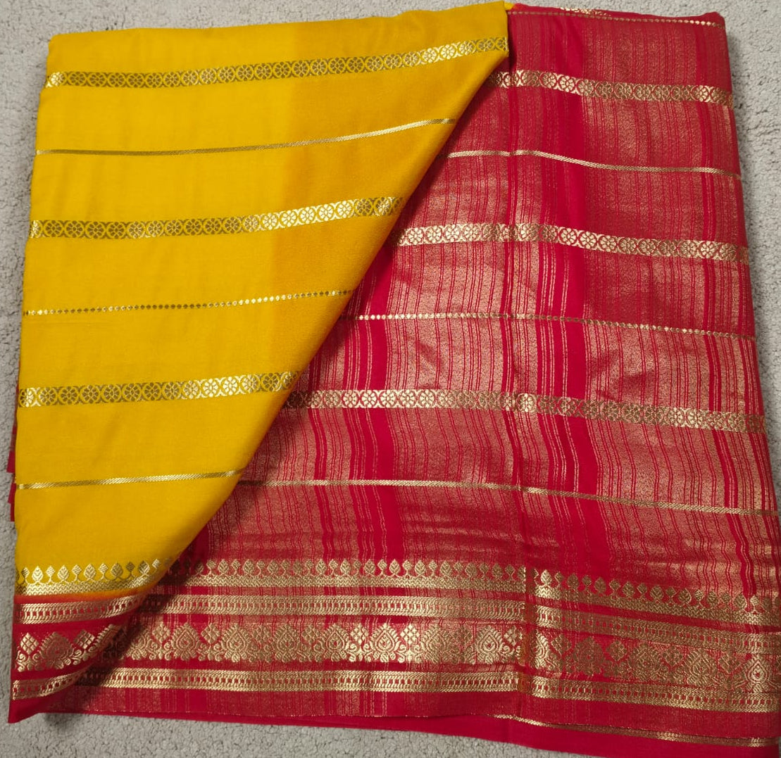 Yellow Semi Silk Saree with Red Contrast Details(Code SS-23)