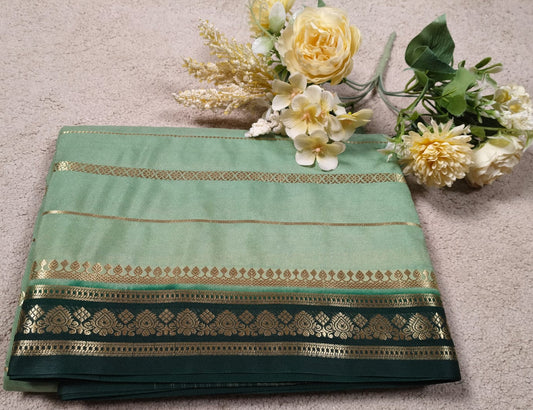 Pista Green Semi Silk Saree with Dark Green Paisley Zari Border(Code SS-26)