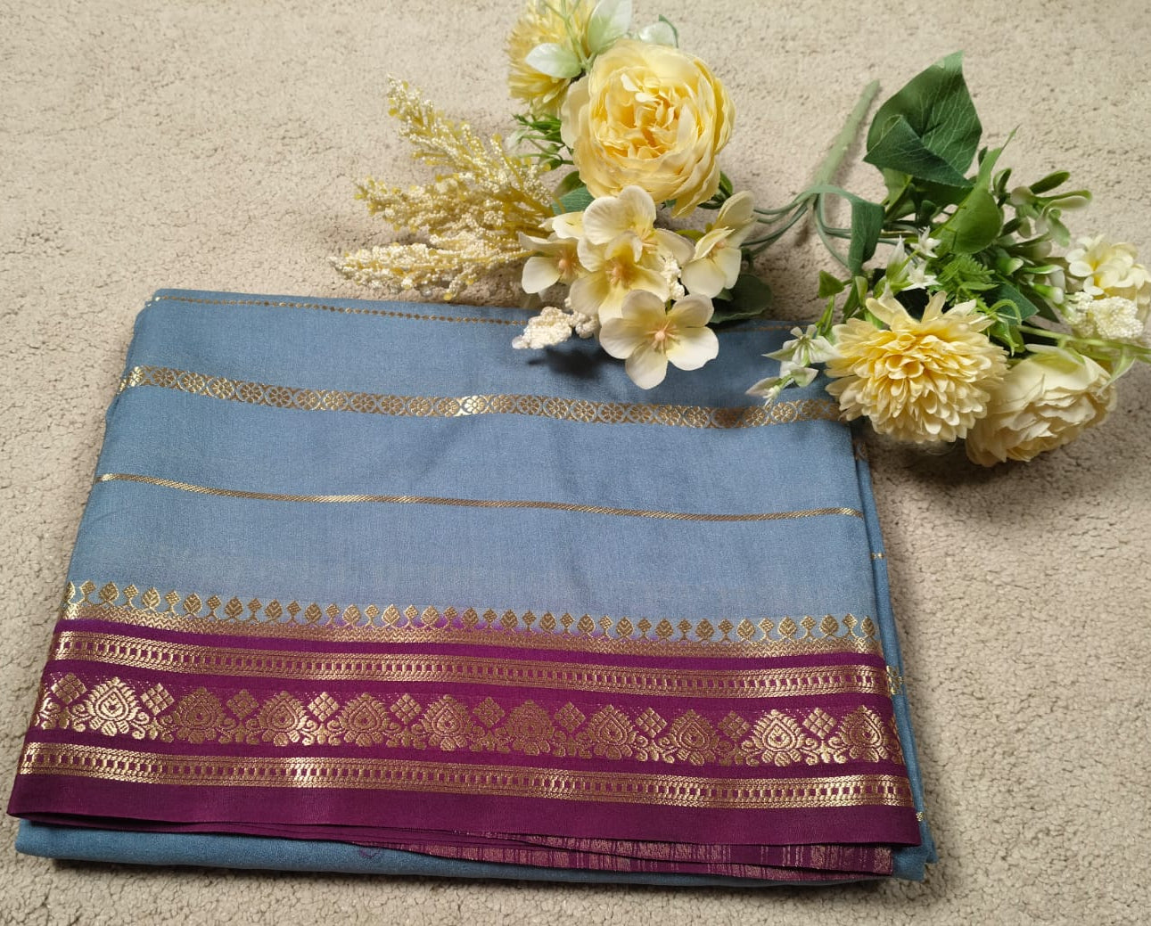 Slate Blue Semi Silk Saree with Reddish Purple Paisley Zari Border(Code SS-25)