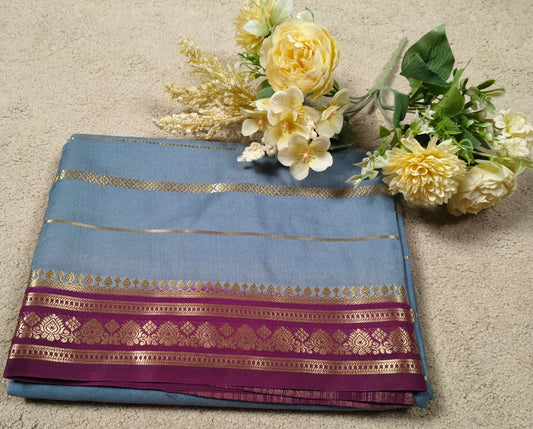 Slate Blue Semi Silk Saree with Reddish Purple Paisley Zari Border(Code SS-25)