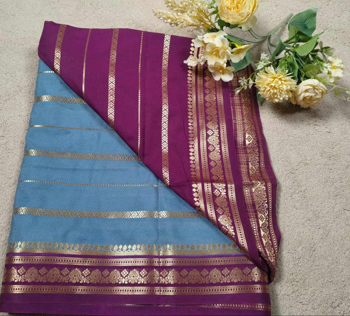Slate Blue Semi Silk Saree with Reddish Purple Paisley Zari Border(Code SS-25)