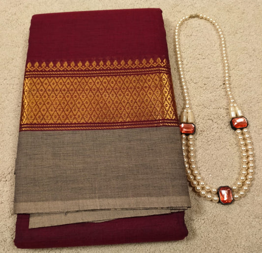 Chettinad Cotton Saree – Maroon with Grey Rangoli Border(Code CC 80-03)