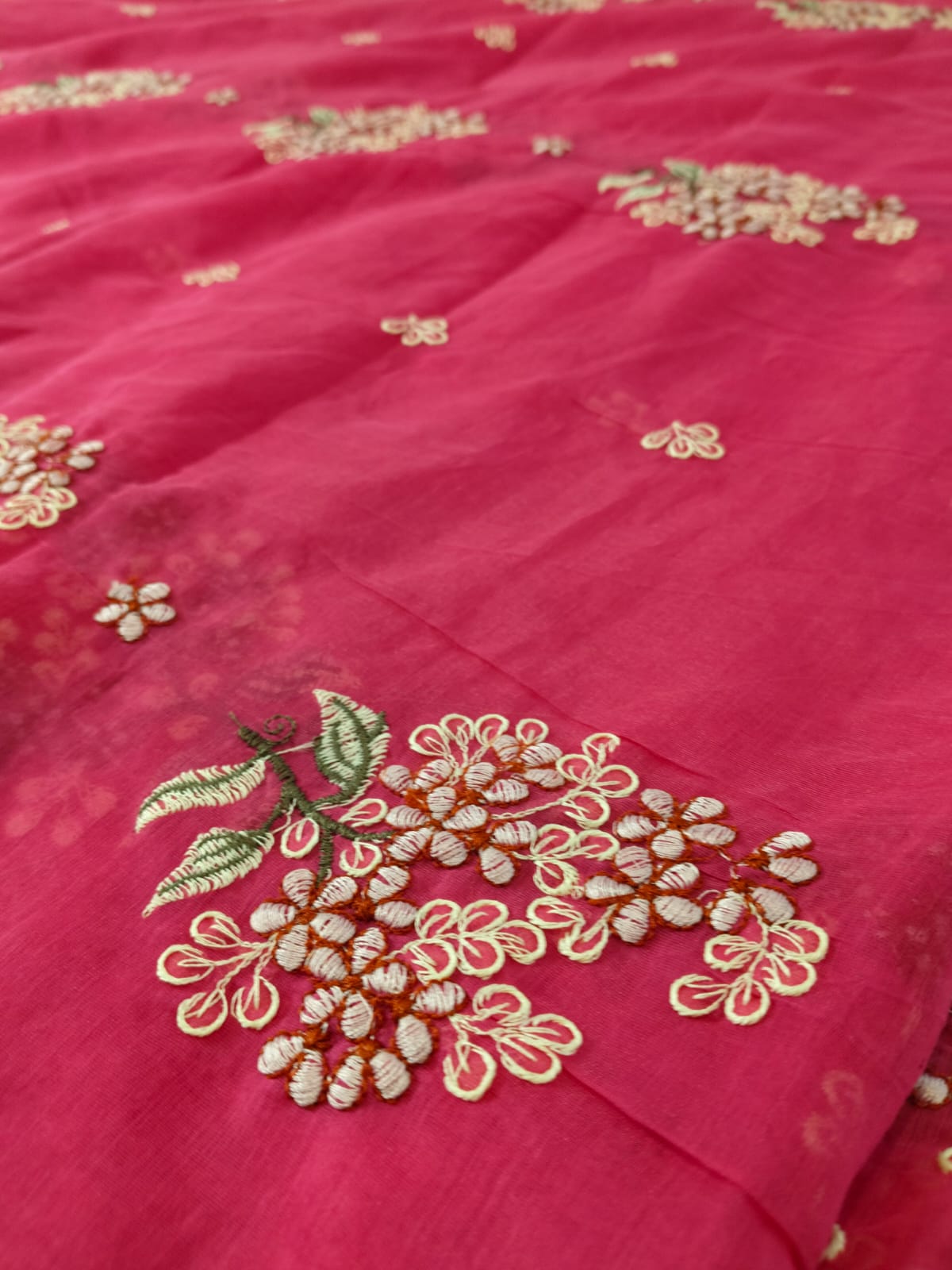 Pure Mul Chanderi Embroidery Saree with Blouse – Rani Pink(Code PMCE-01)