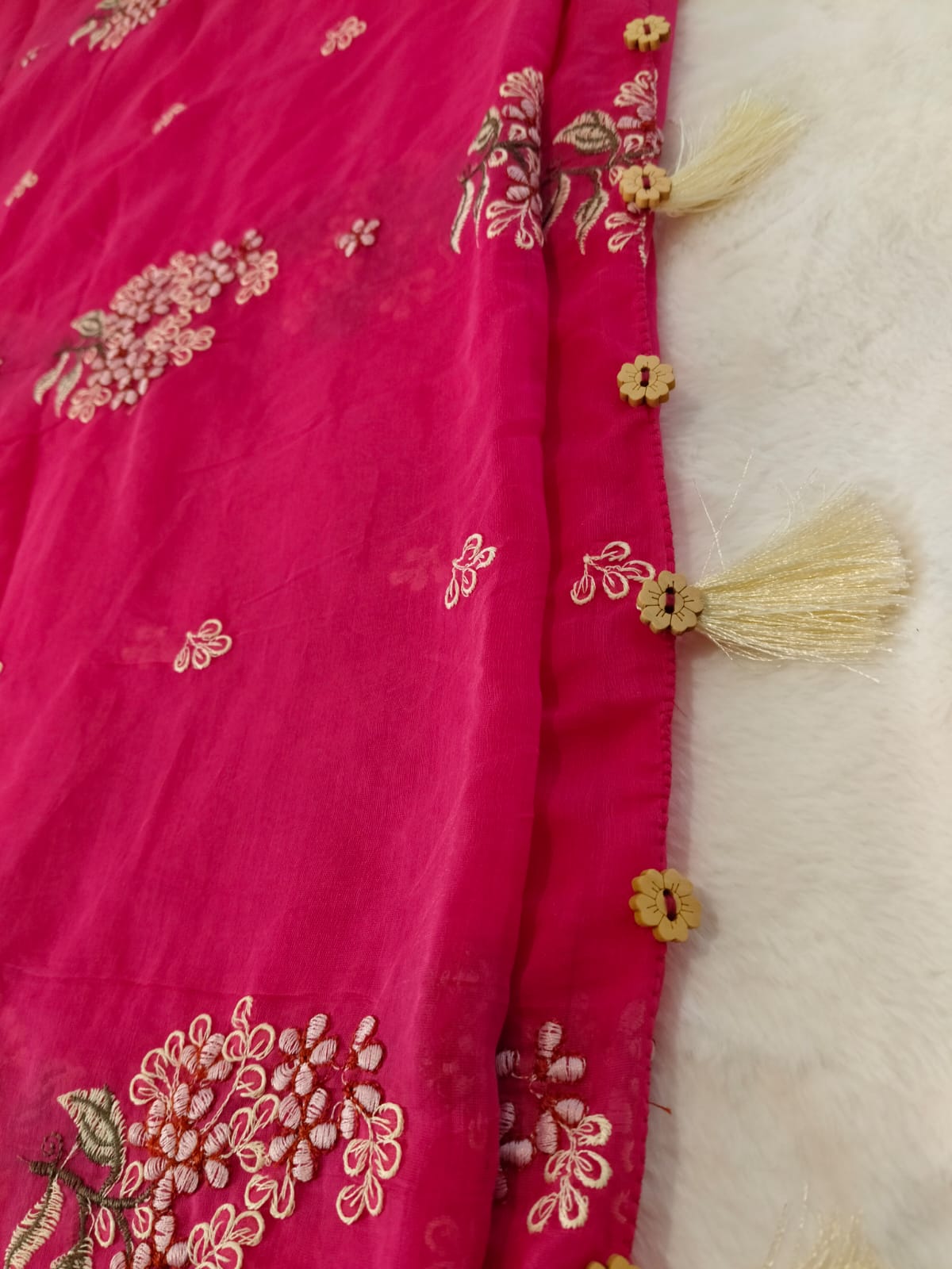 Pure Mul Chanderi Embroidery Saree with Blouse – Rani Pink(Code PMCE-01)
