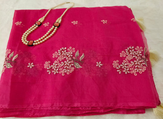 Pure Mul Chanderi Embroidery Saree with Blouse – Rani Pink(Code PMCE-01)