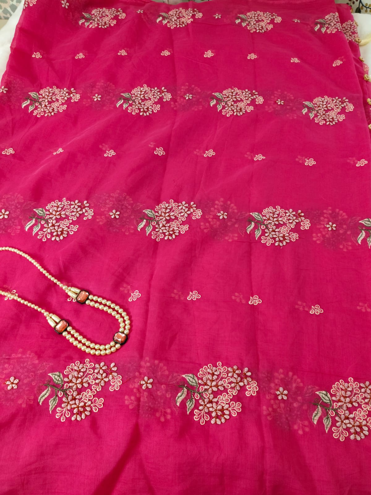 Pure Mul Chanderi Embroidery Saree with Blouse – Rani Pink(Code PMCE-01)