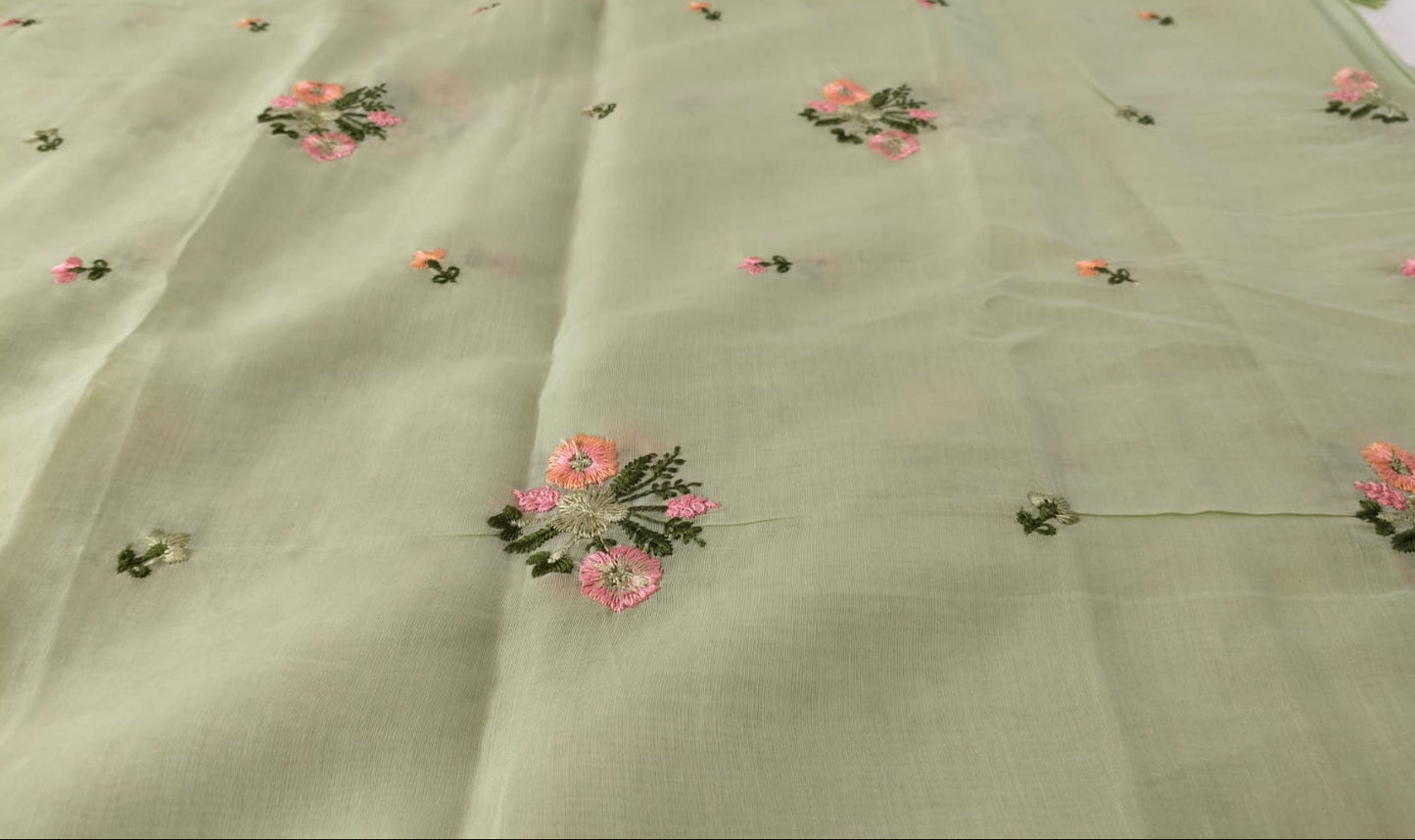 Pure Mul Chanderi Embroidery Saree (Floral with Butta) with Blouse Piece(Code PMCE-02)