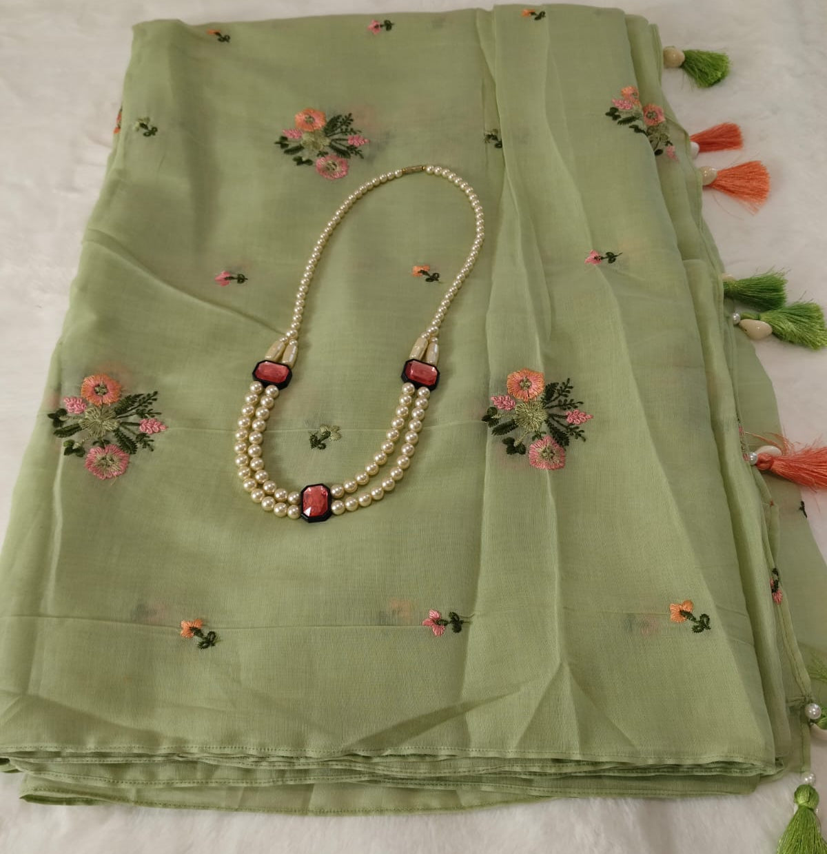 Pure Mul Chanderi Embroidery Saree (Floral with Butta) with Blouse Piece(Code PMCE-02)