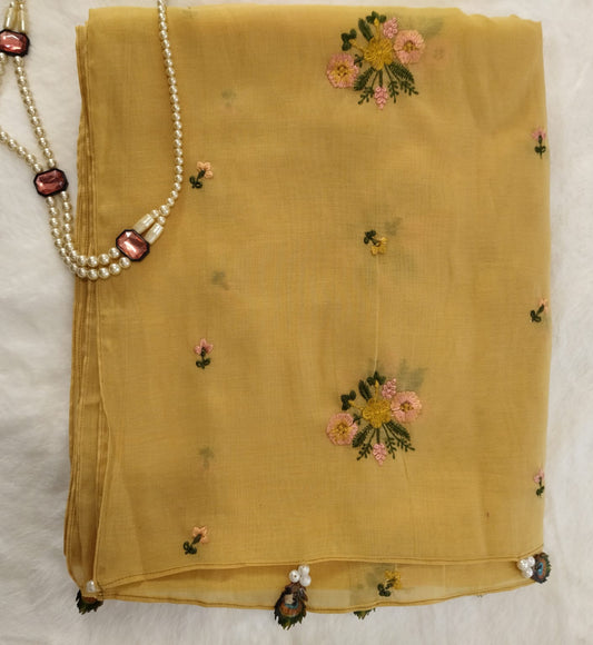 Pure Mul Chanderi Embroidery Saree (Floral with Butta) with Blouse Piece(Code PMCE-02)