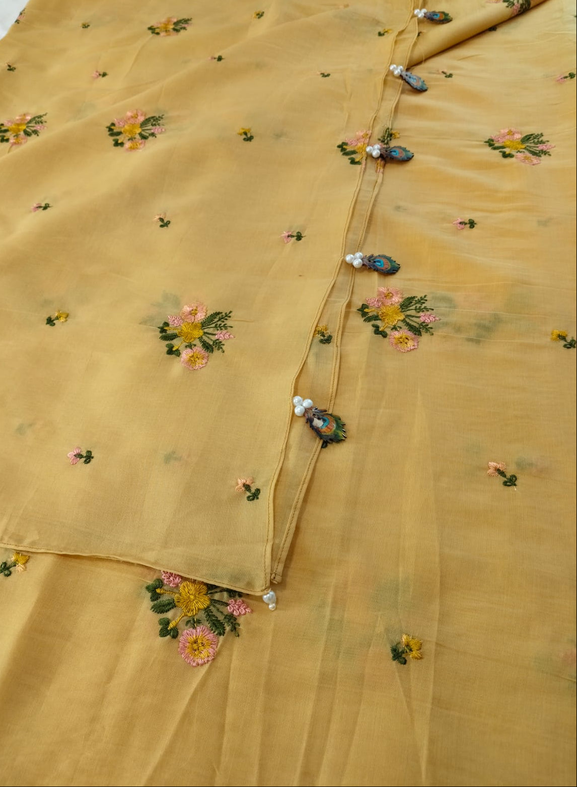 Pure Mul Chanderi Embroidery Saree (Floral with Butta) with Blouse Piece(Code PMCE-02)