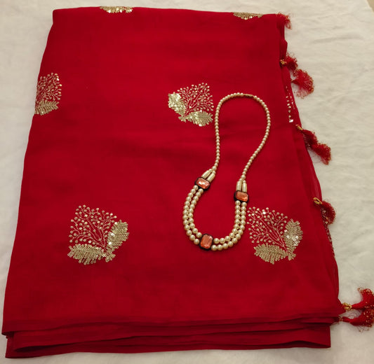 Vichitra Silk Saree – Dark Red with Sona Rupa Embroidery & Blouse Piece(Code VS-01)