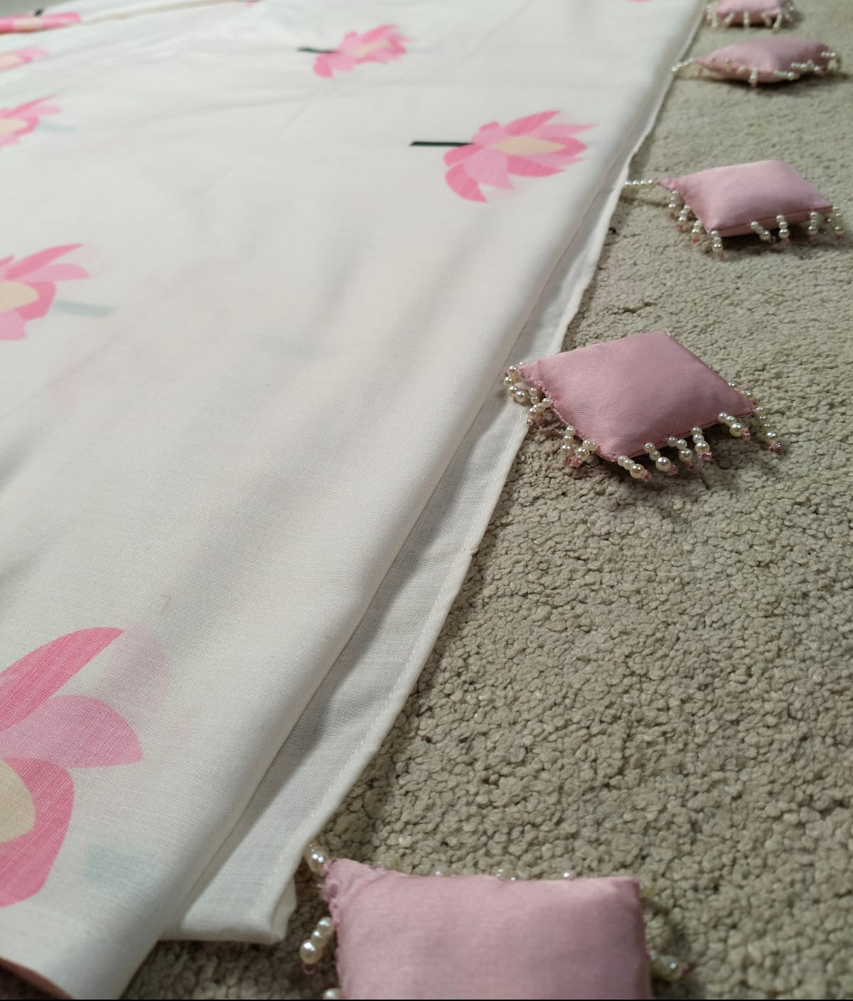 Pink Lotus Print Saree with Beaded Tassels(Code PLP-01)