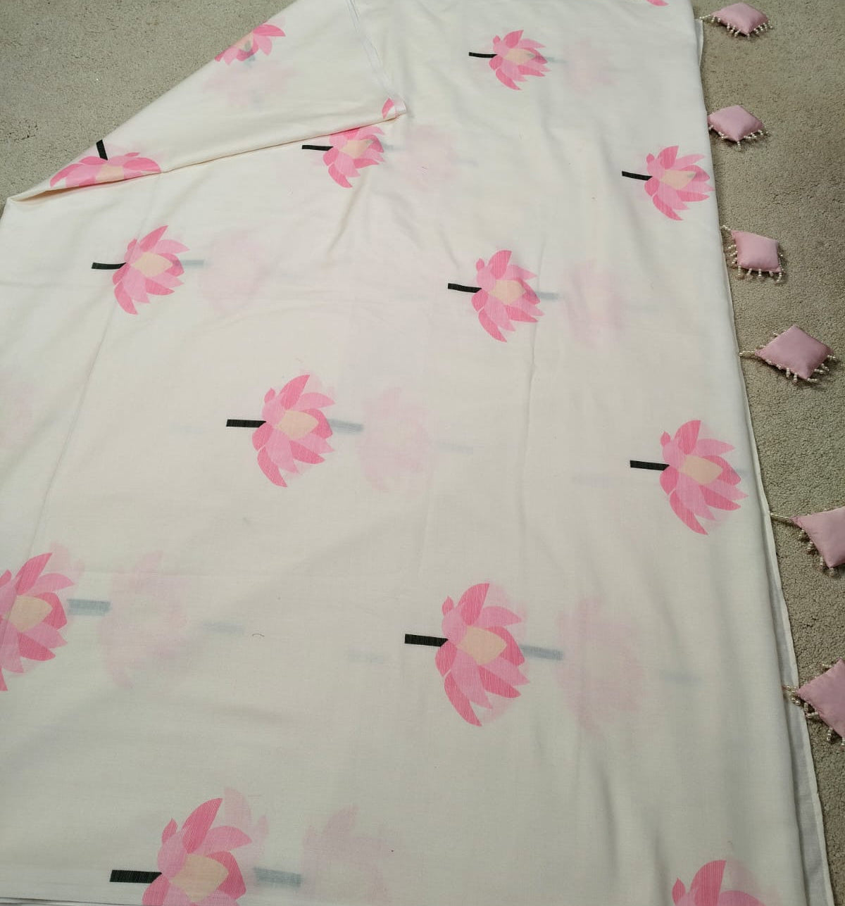 Pink Lotus Print Saree with Beaded Tassels(Code PLP-01)